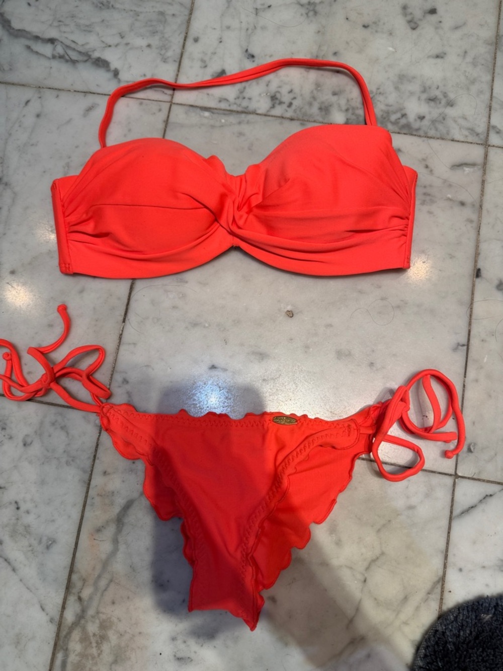 Luli Fama Bright Coral Bikini Bottom with Gold Logo Plate